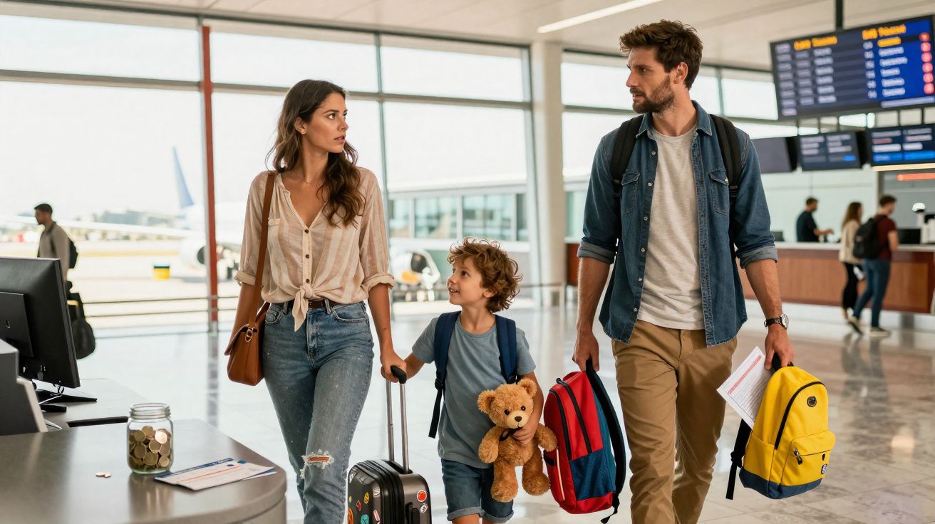Família com criança pequena caminhando no aeroporto com malas e mochila rumo ao embarque.