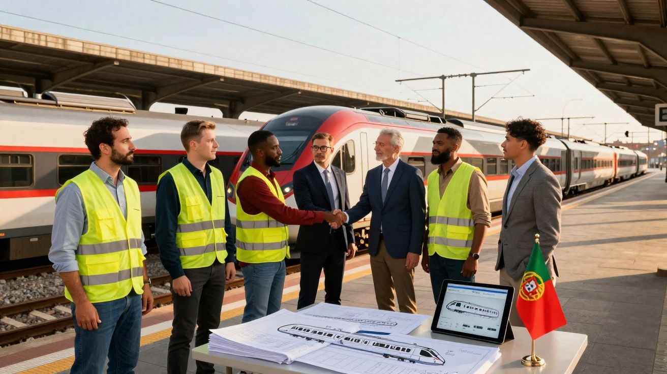 Equipe mista em plataforma de trem com plantas e bandeira de Portugal, apertando mãos em acordo.