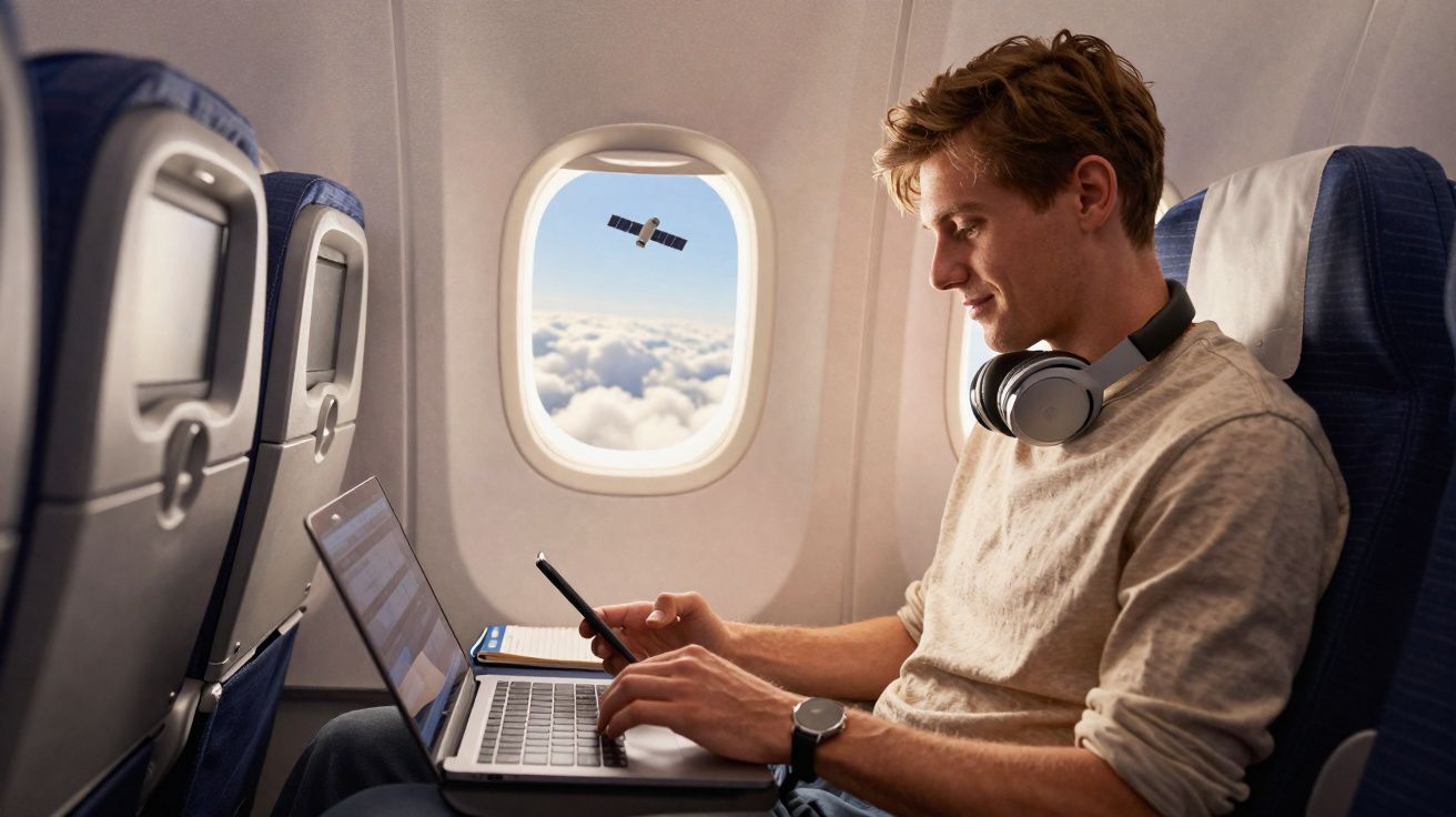 Homem sentado em avião usando notebook e celular com fone de ouvido no pescoço e satélite visível pela janela.