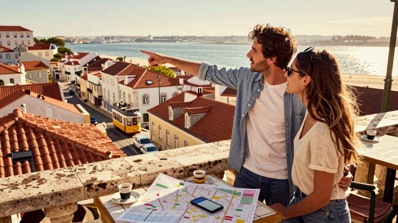 Casal olhando a vista de cidade com bonde amarelo e rio ao fundo, mapa e café sobre mesa.