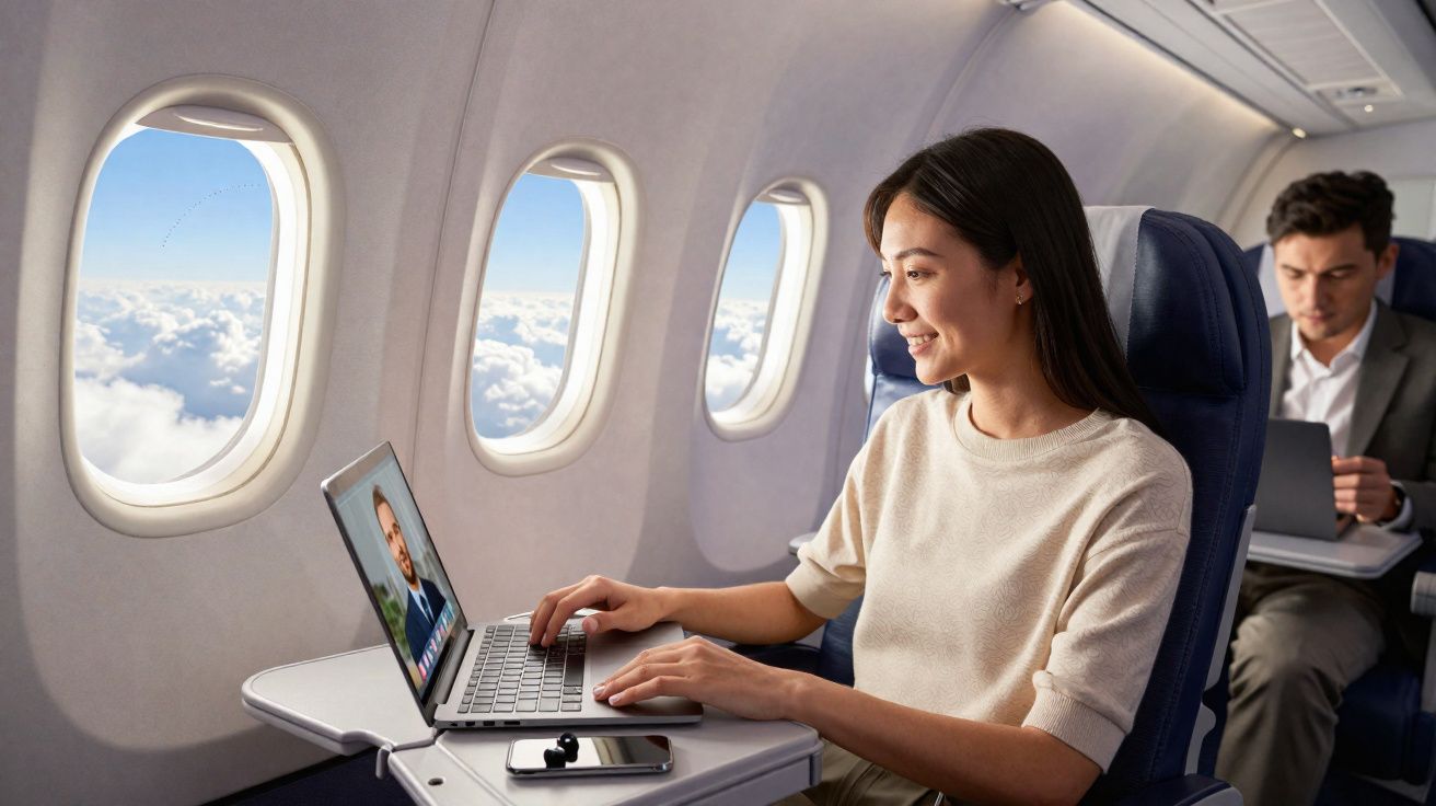 Mulher usando laptop em videochamada durante voo em avião com céu azul e nuvens visíveis pela janela.