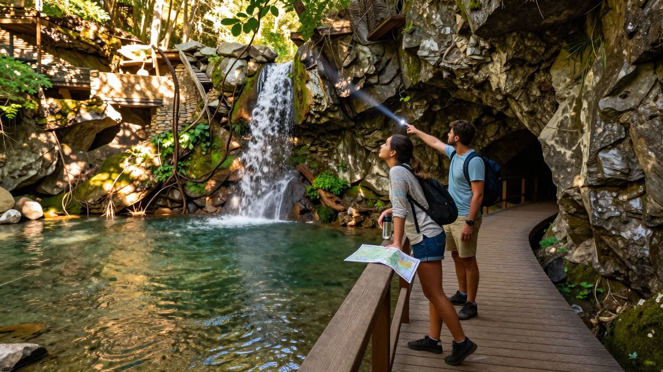 Casal explorando trilha com cachoeira e lago em cenário natural rochoso e arborizado.
