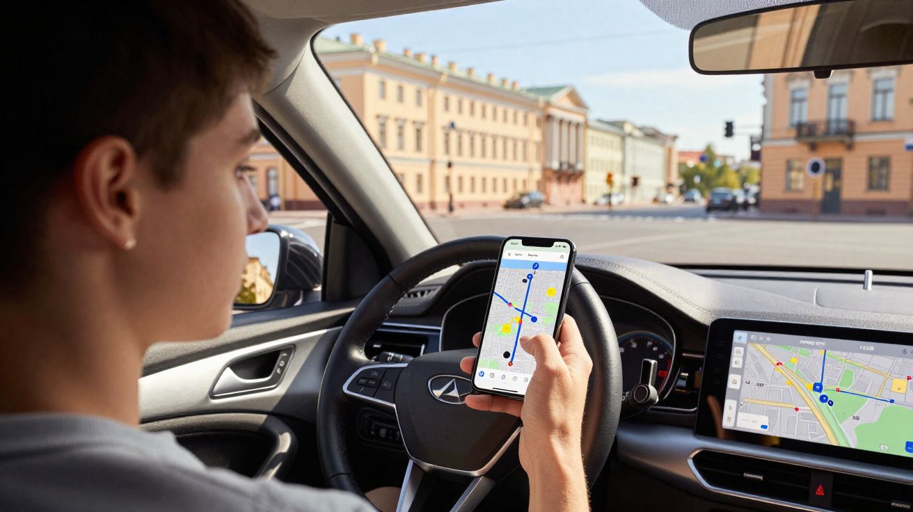 Pessoa segura celular com mapa de rotas dentro de carro parado em cruzamento urbano.