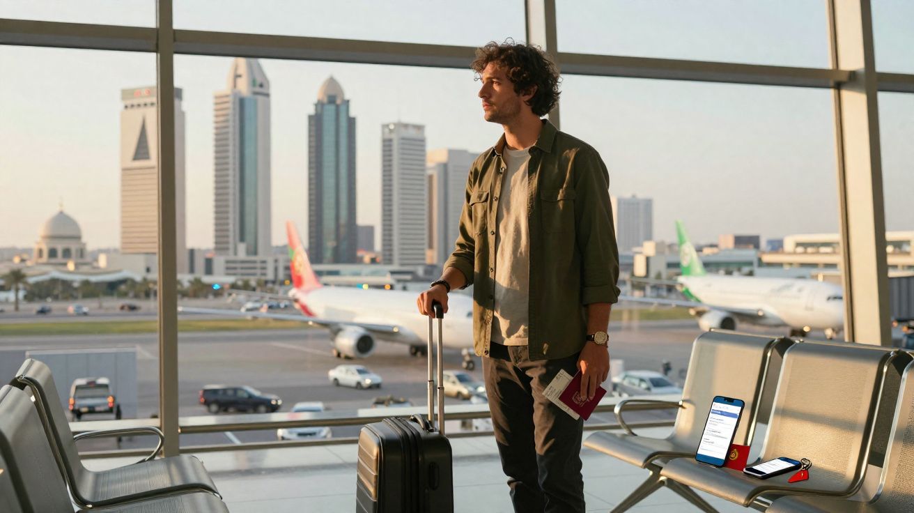 Homem com mala e passaporte esperando no aeroporto com vista para a pista e prédios ao fundo.
