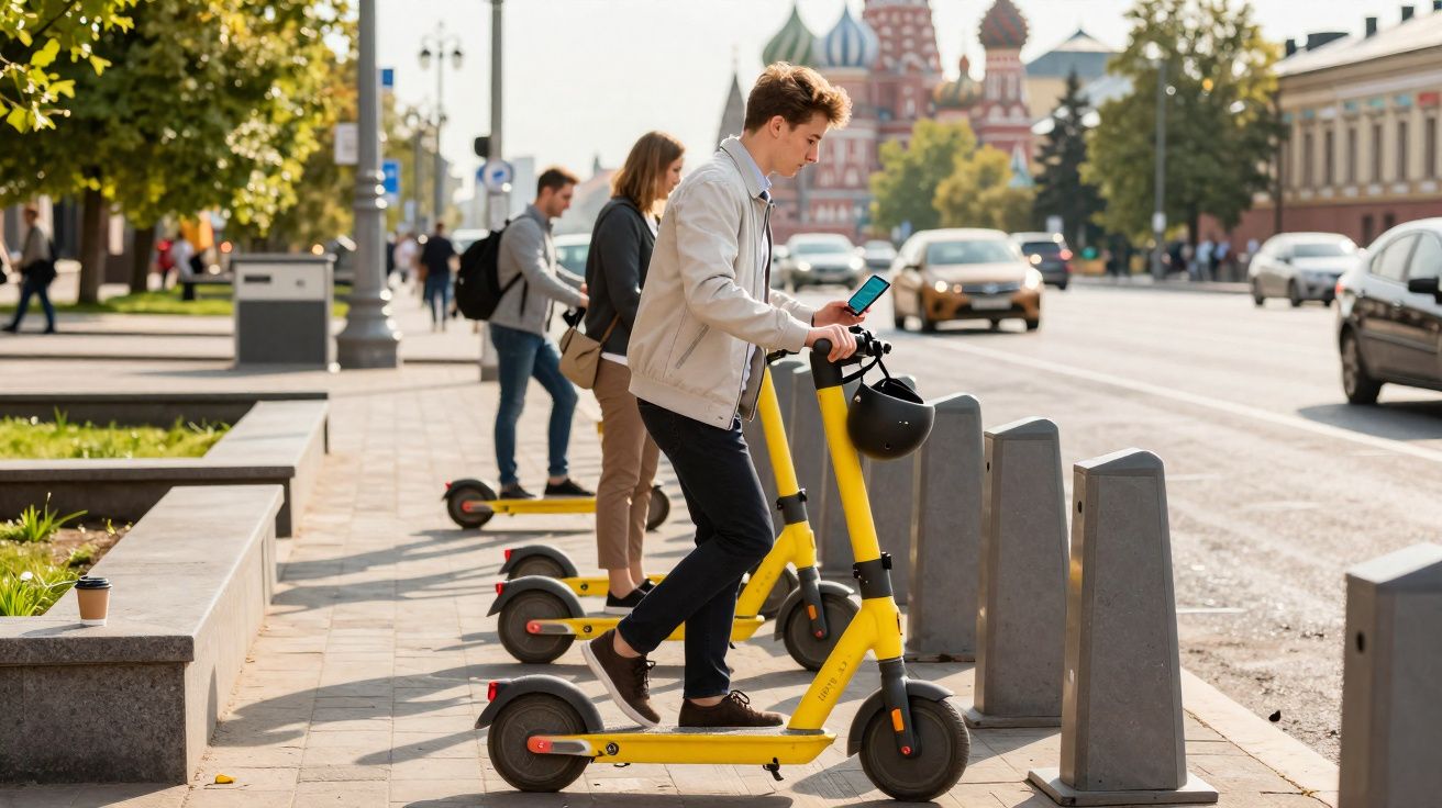 Três pessoas alugam patinetes elétricos amarelos em calçada de cidade movimentada com carros ao fundo.