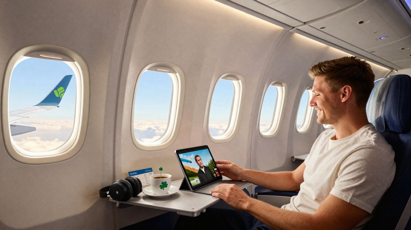 Homem sorridente usando tablet durante voo em poltrona de avião, com xícara e fones ao lado.