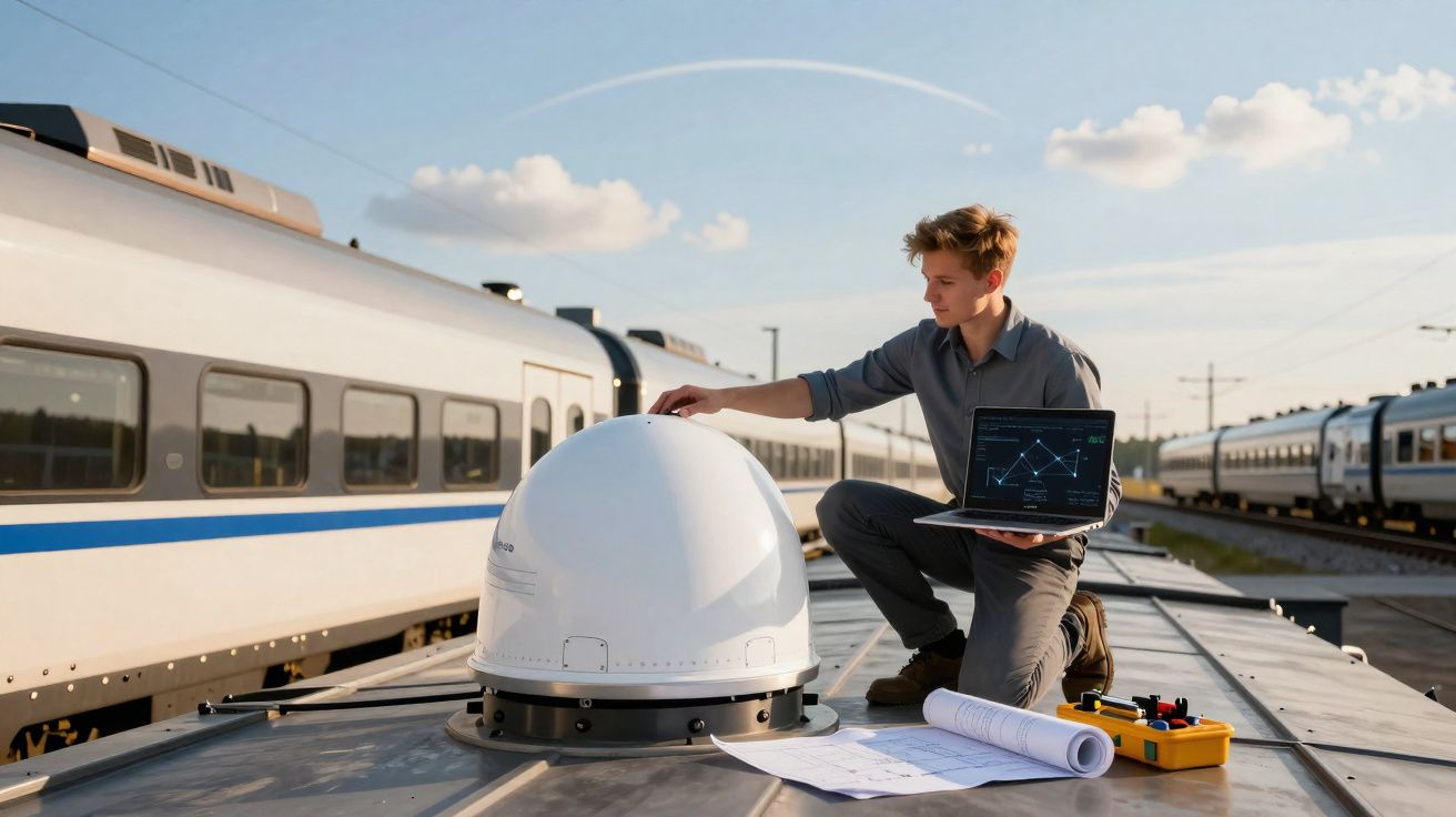 Homem jovem com laptop inspeciona equipamento tecnológico no teto de um trem em estação ferroviária.