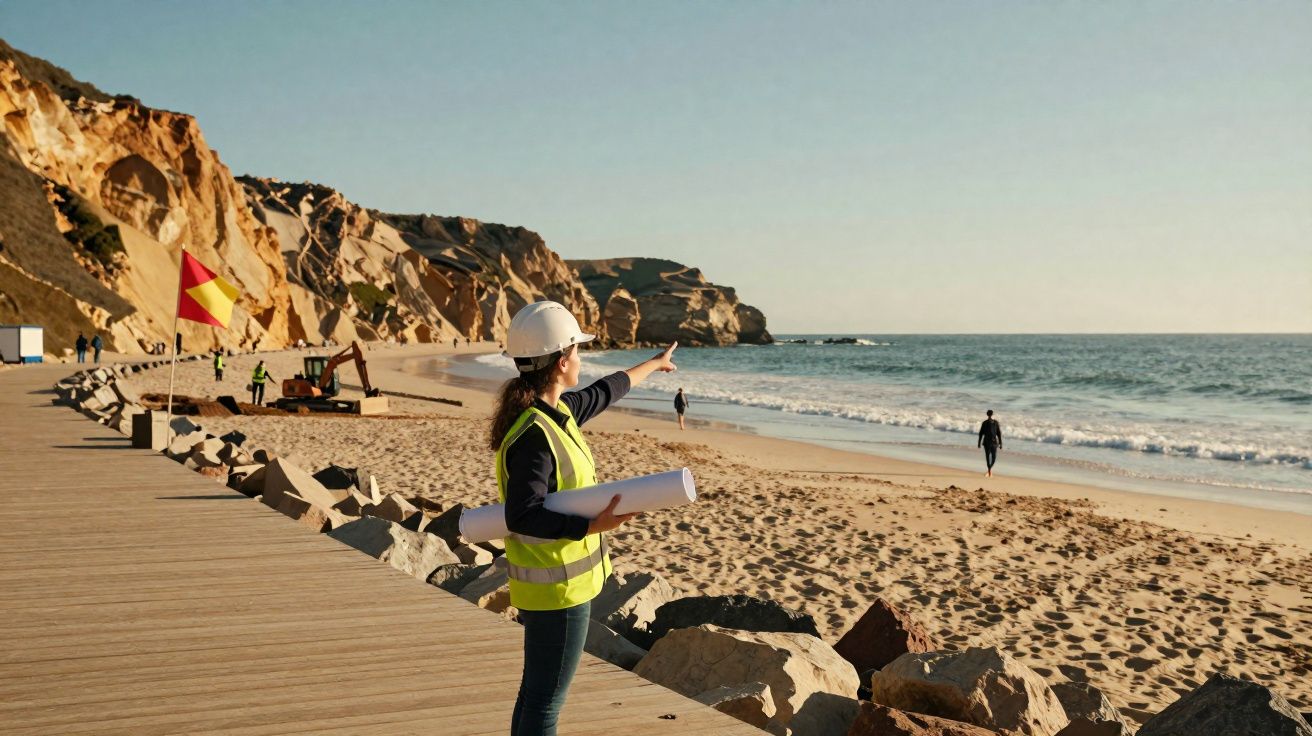 Profissional com capacete e colete reflete planejamento em obra na praia à beira do mar com falésias ao fundo.