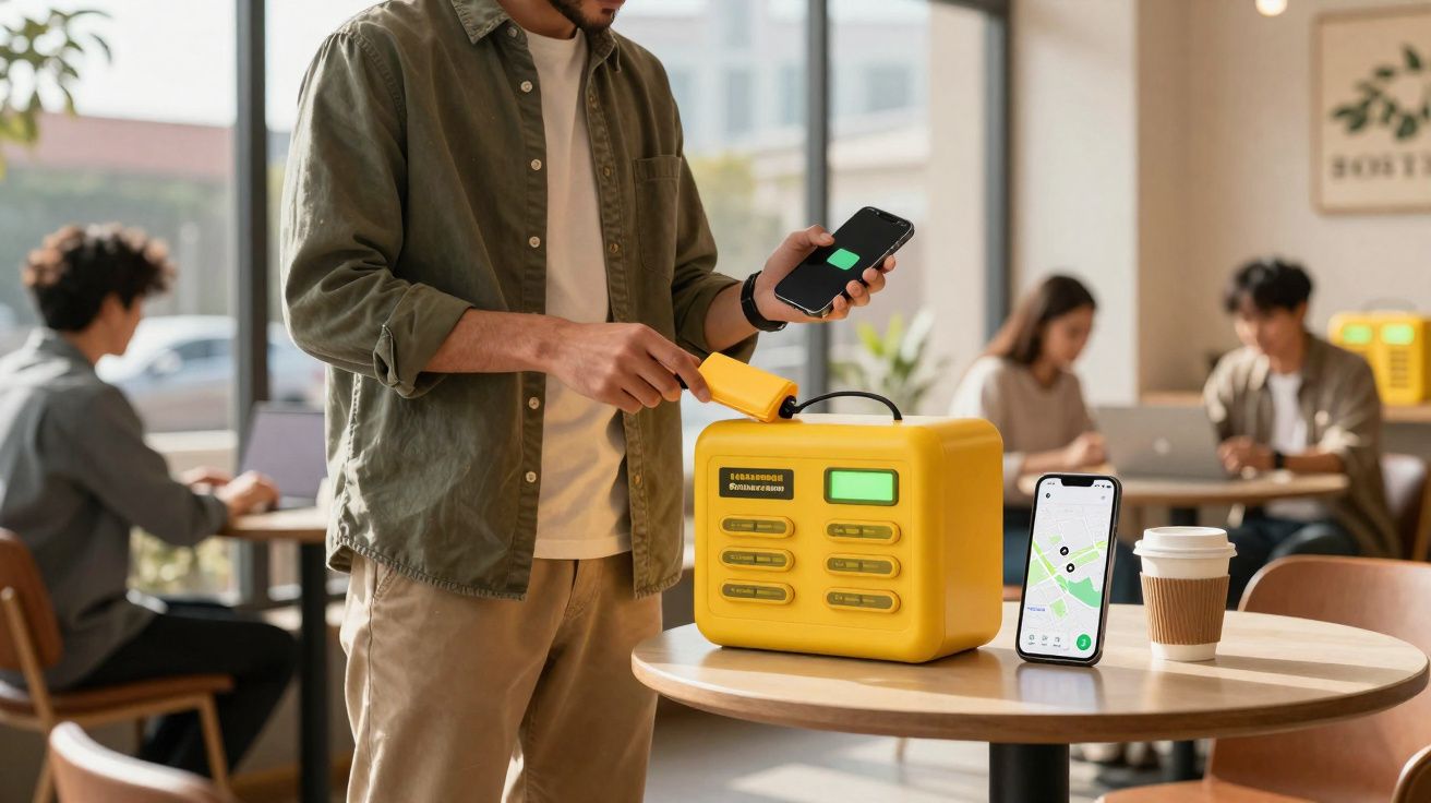 Homem usando scanner de código QR em dispositivo amarelo para carregar o celular em cafeteria moderna.