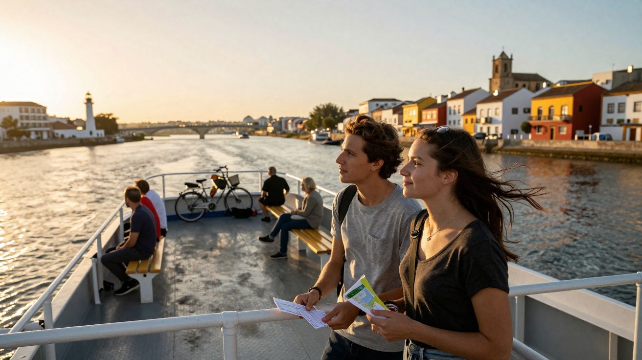 Jovens observam a paisagem no deck de barco durante passeio ao pôr do sol em cidade ribeirinha.