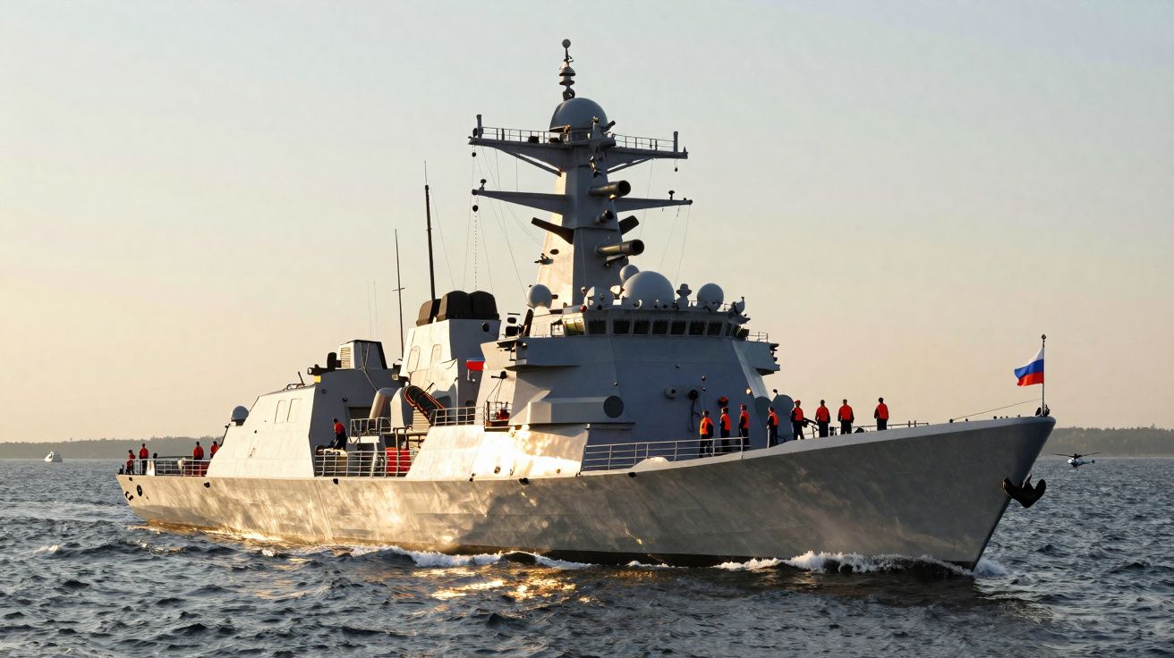 Navio de guerra russo cinza navegando em mar calmo com tripulação na borda e bandeira da Rússia.