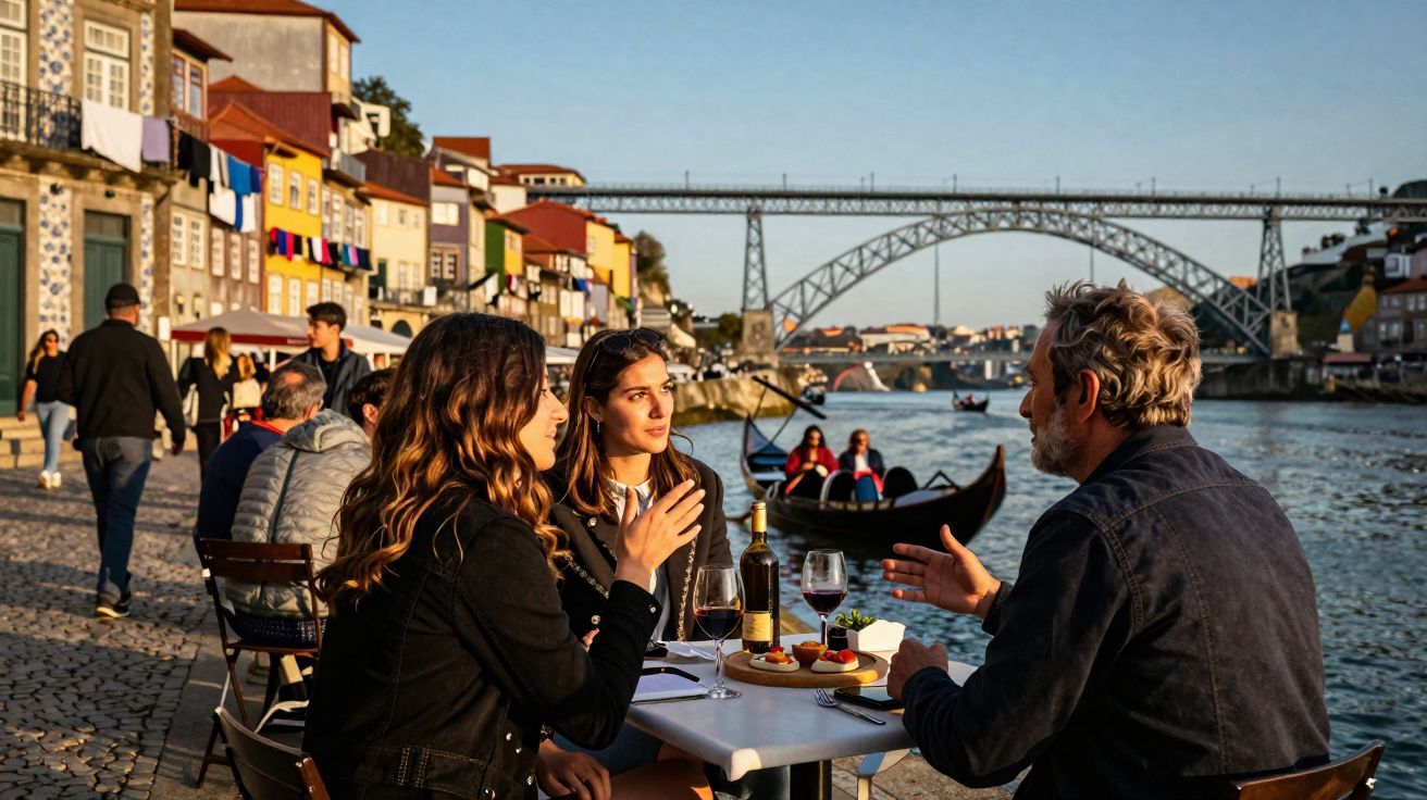 Pessoas conversando em restaurante à beira do rio com ponte metálica e barcos ao fundo em cidade histórica.