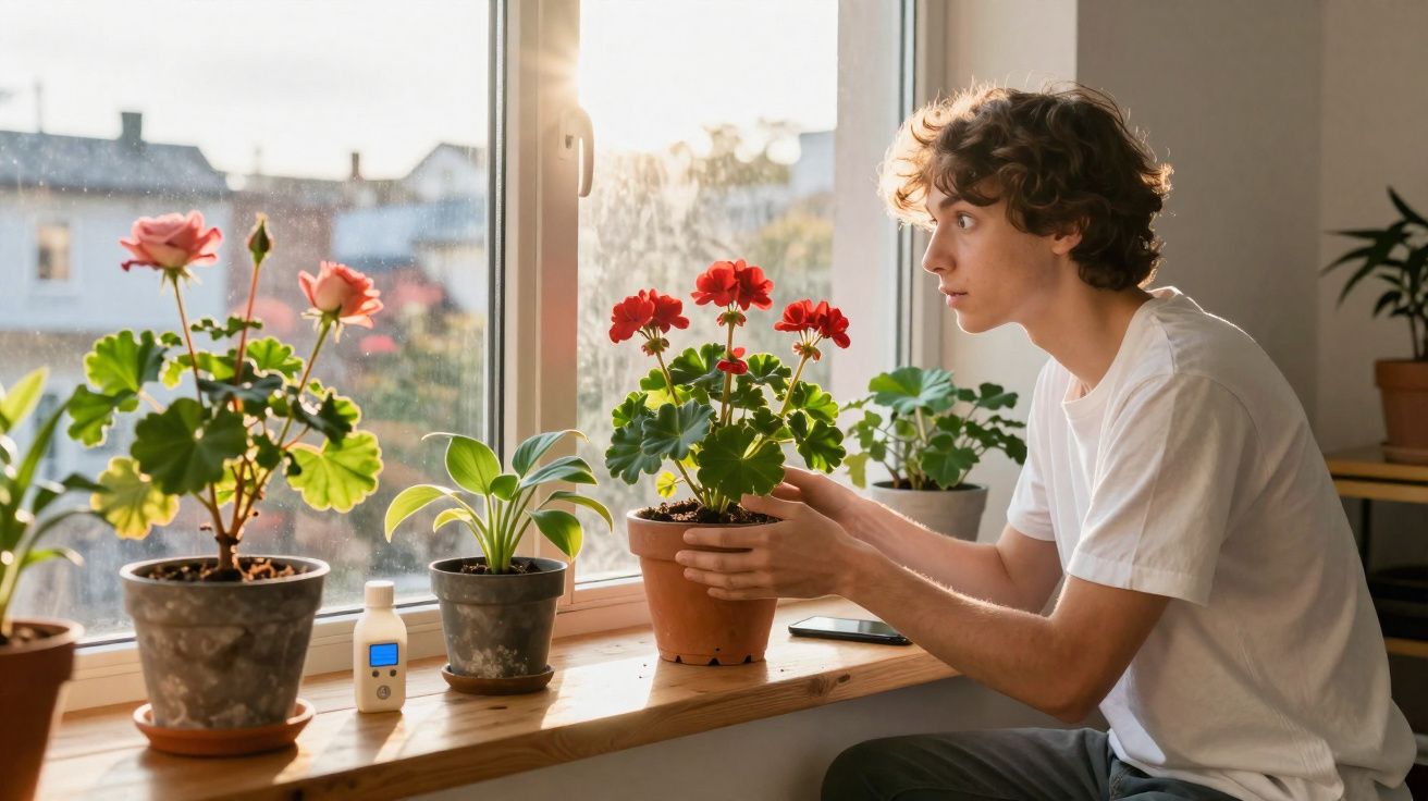 Jovem cuidando de flores vermelhas em vaso na janela com luz natural do sol da tarde.