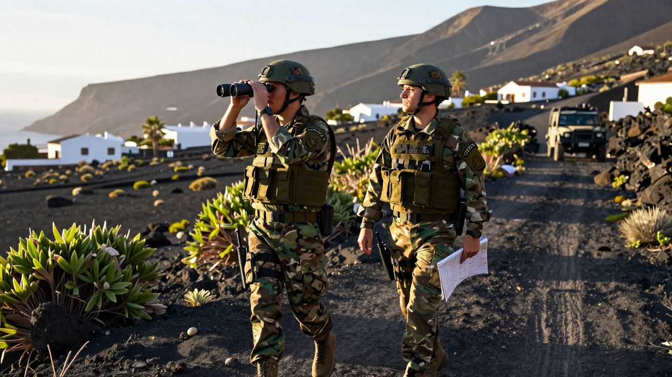 Dois militares com uniforme camuflado patrulham área montanhosa com vegetação escassa e casas ao fundo.