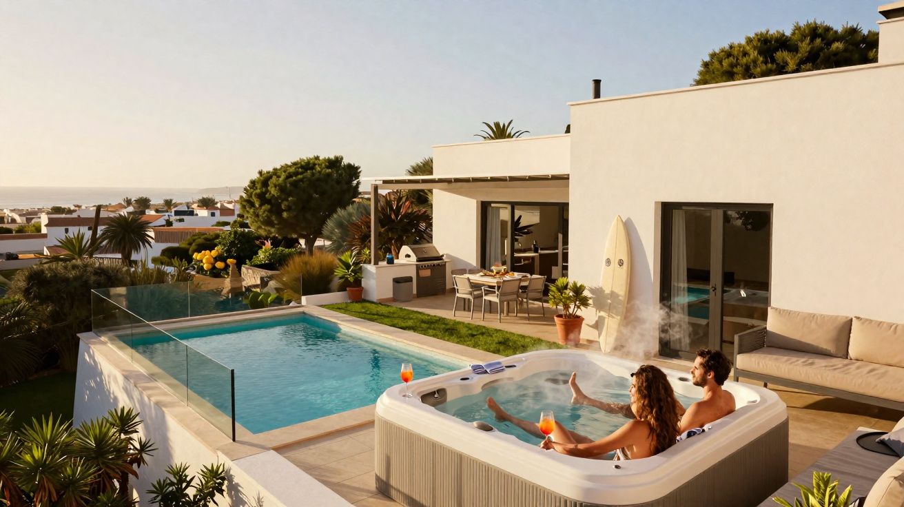 Casal relaxando em hidro na varanda de casa moderna com piscina e vista para o mar ao pôr do sol.