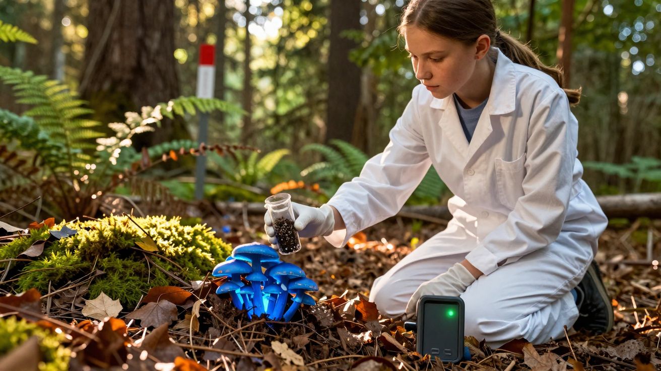 Cientista em macacão branco coleta amostras de cogumelos azuis brilhantes em floresta iluminada.