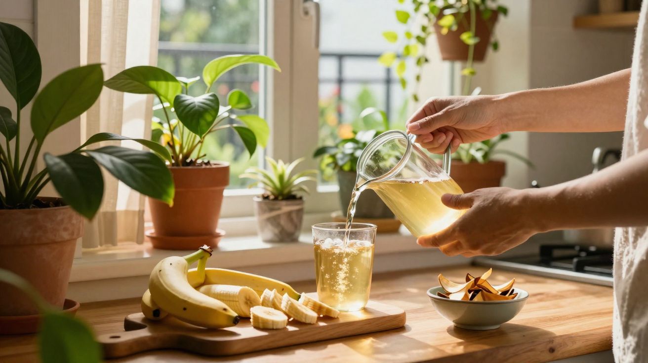 Pessoa servindo chá gelado em copo com banana fatiada e plantas em bancada de cozinha iluminada