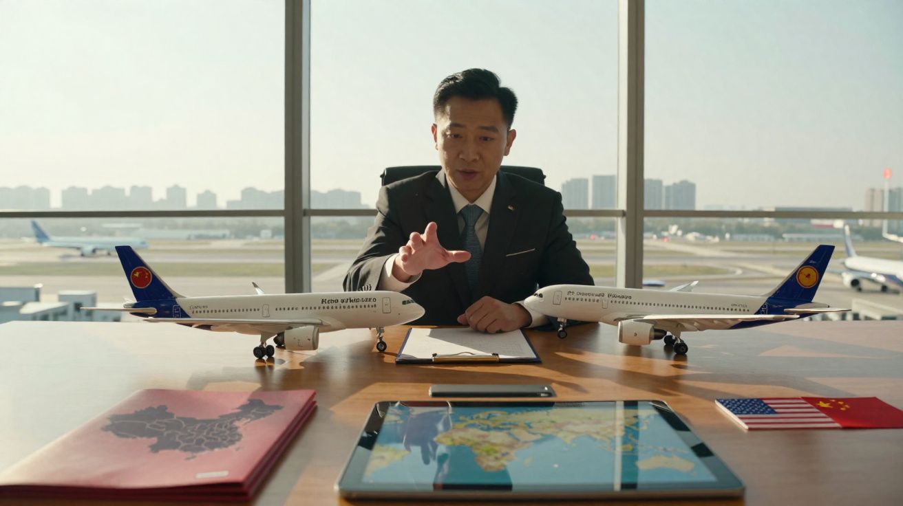 Homem em terno em aeroporto com dois modelos de avião, mapas e bandeiras dos EUA e China na mesa.