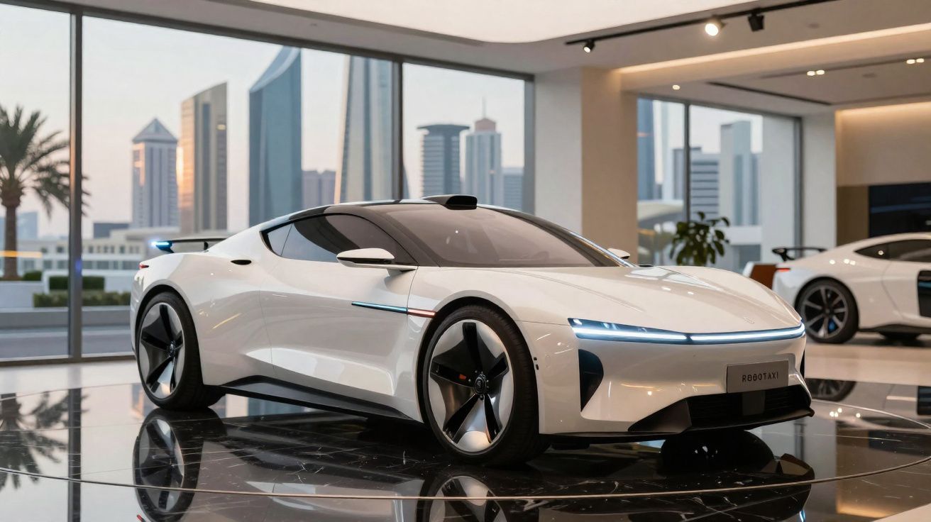 Carro esportivo branco futurista exposto em showroom com vista para prédios ao fundo.