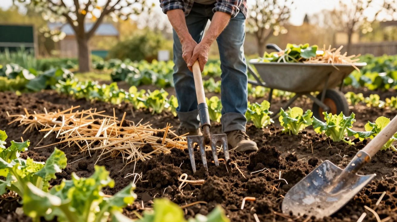 Pessoa usando enxada para preparar terra em horta com plantas verdes e carrinho cheio de mudas ao fundo.