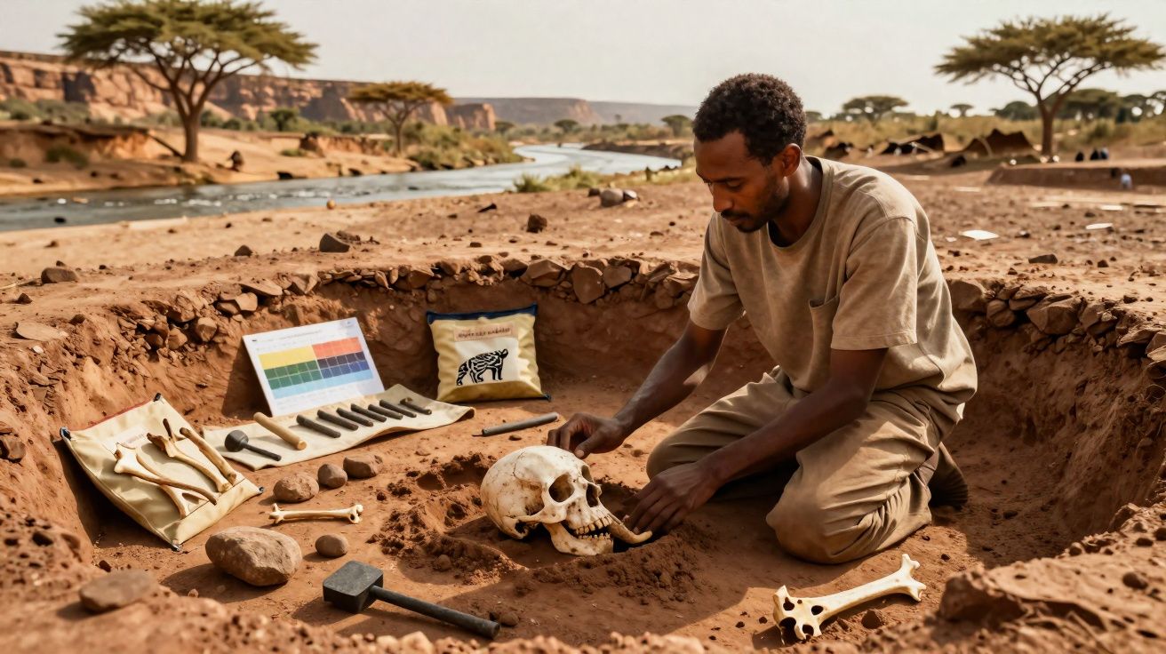 Homem escavando e examinando crânio humano em escavação arqueológica ao ar livre no deserto.