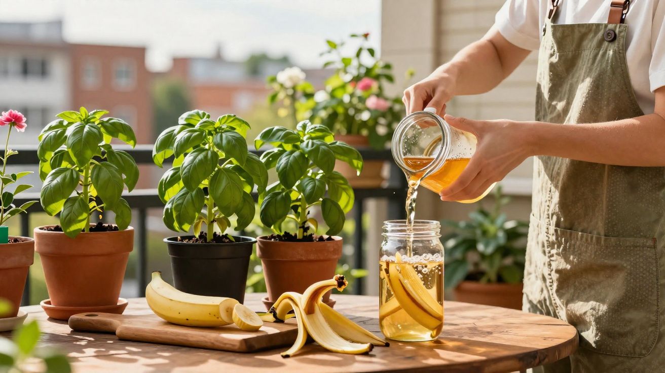 Pessoa com avental serve chá em jarro com bananas, ao lado de vasos com plantas verdes em mesa de madeira.