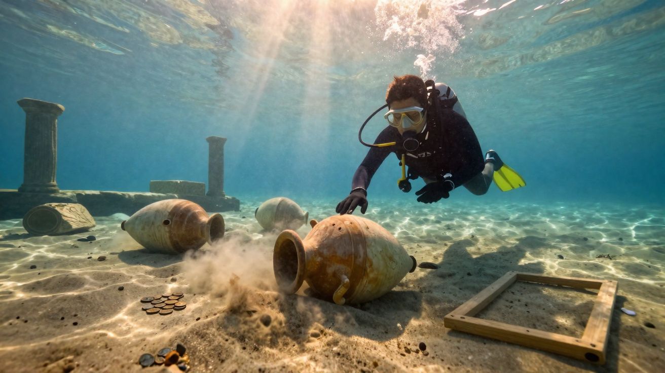 Mergulhador explorando ânforas antigas e moedas no fundo do mar com colunas e luz solar filtrada.