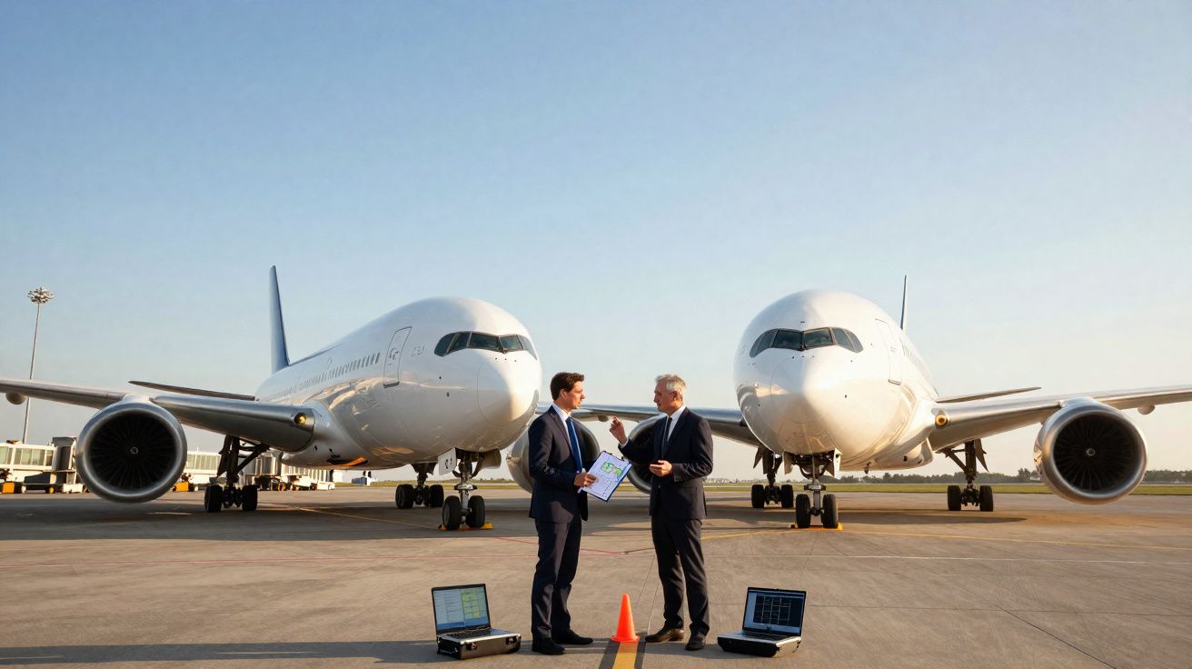 Dois homens de terno conversam em pista de aeroporto entre dois aviões brancos com laptops abertos no chão.