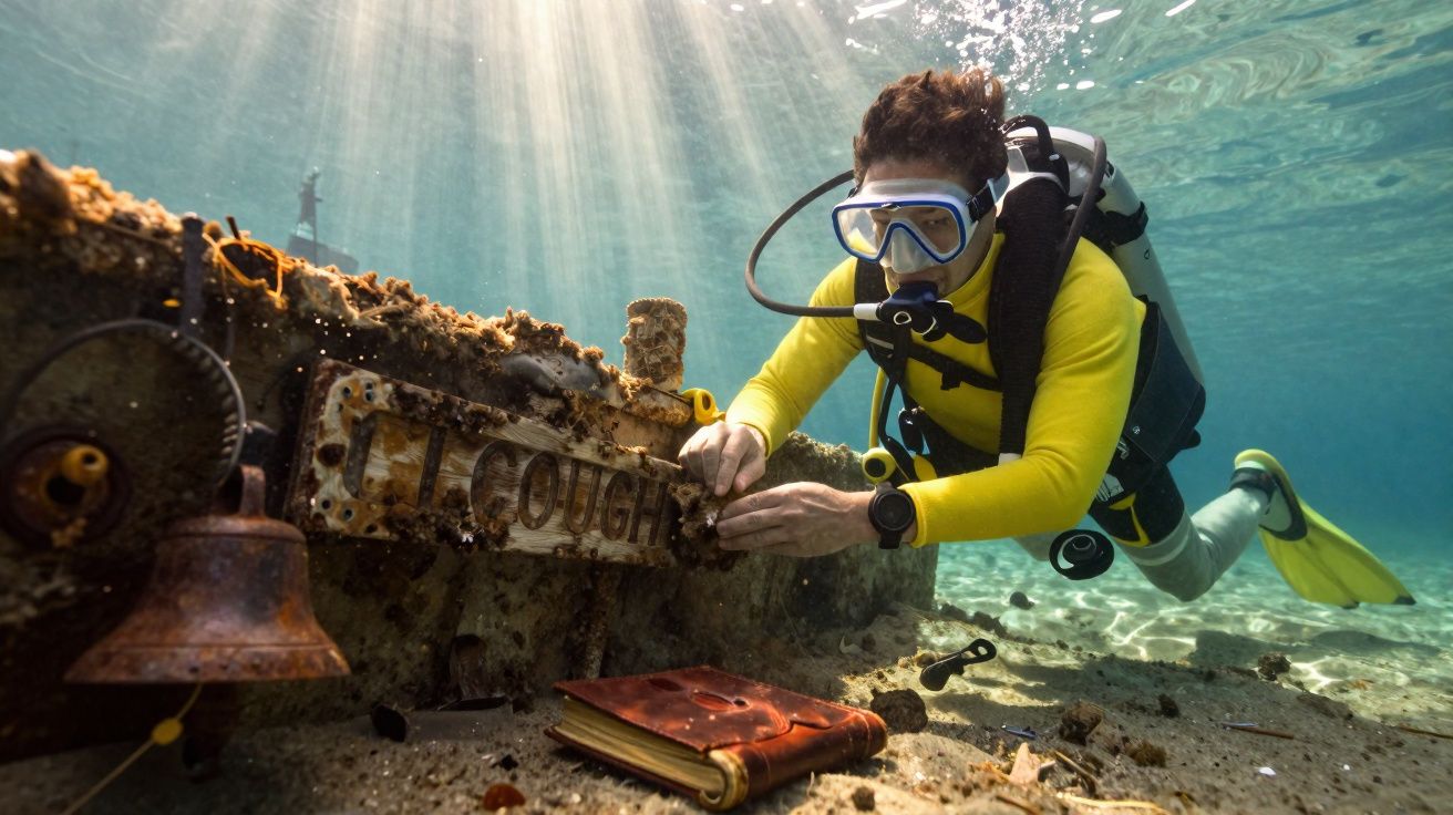 Mergulhador explorando destroços de navio submerso com livro e sinos no fundo do mar iluminado.