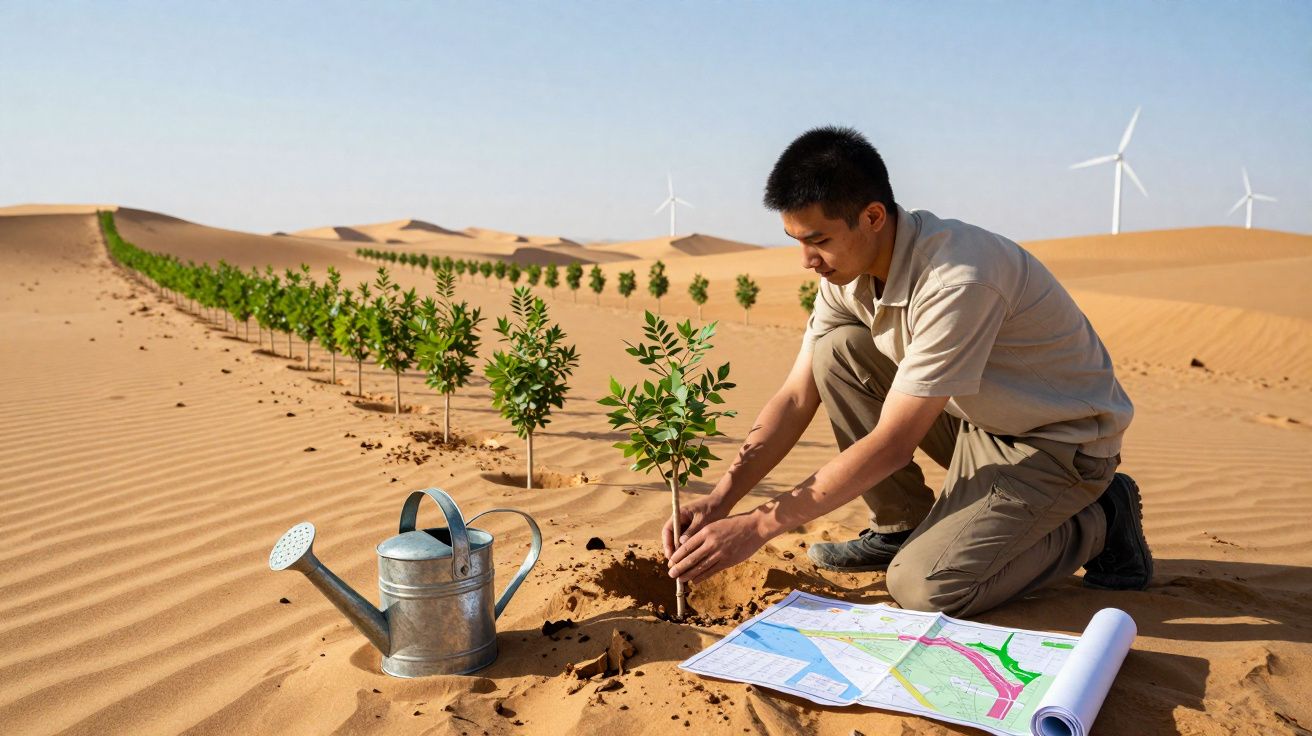 Homem planta muda de árvore no deserto com regador e mapas ao lado, linhas de árvores e turbinas ao fundo.