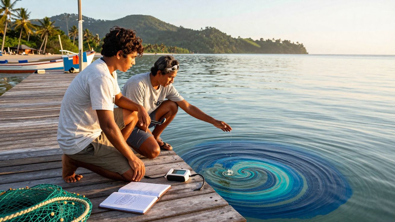 Dois homens sentados em um píer com caderno e equipamento, observando um turbilhão colorido na água calma do mar.