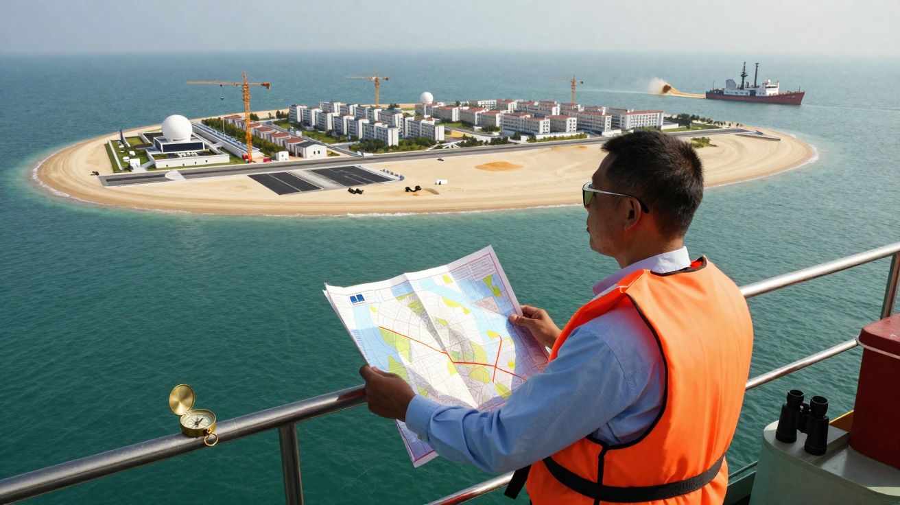 Homem com colete laranja observa mapa em barco próximo a ilha artificial com construções e guindastes.
