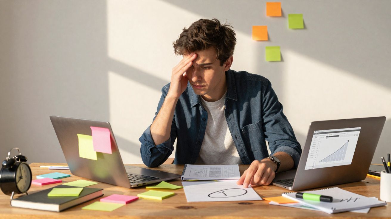 Homem jovem preocupado sentado em mesa com dois notebooks, vários papéis e post-its coloridos ao redor.