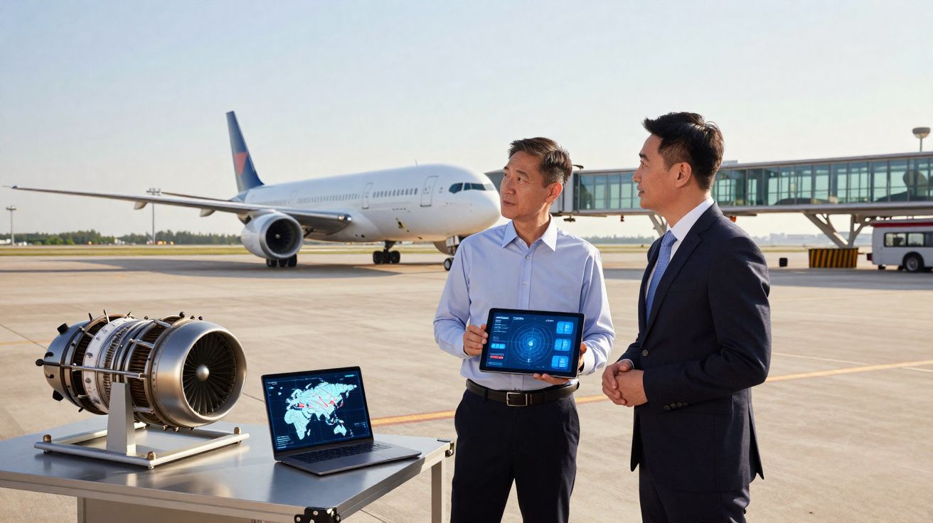 Dois homens em terno observam tablet ao lado de motor de avião e laptop no aeroporto com avião ao fundo.