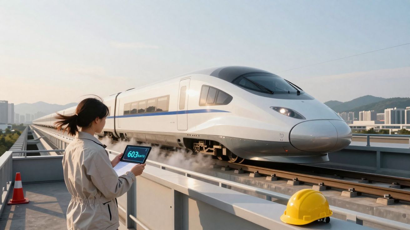 Mulher com tablet monitora trem-bala branco em via elevada com capacete amarelo ao lado.