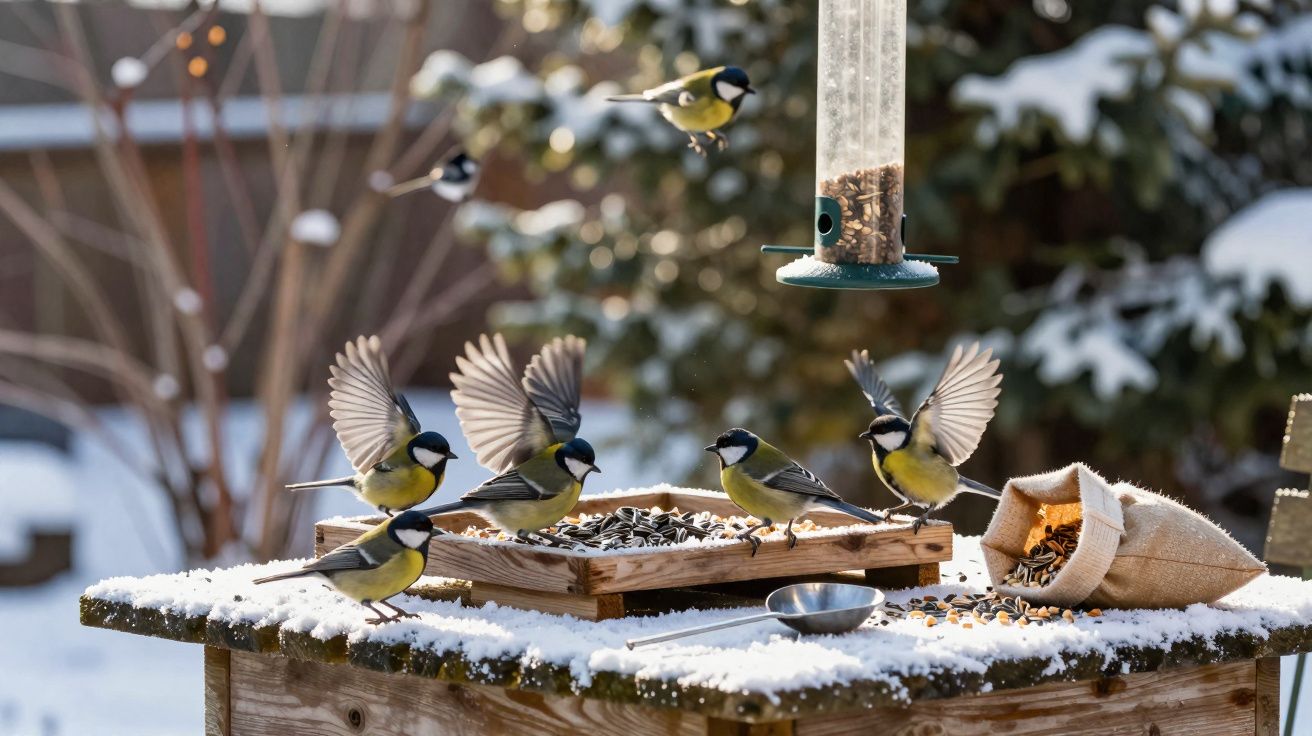Pássaros alimentando-se em comedouro e mesa coberta de neve em dia frio de inverno.