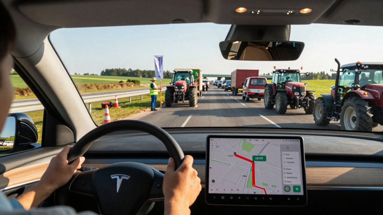 Motorista em Tesla parado no trânsito atrás de tratores em estrada rural com mapa no painel digital.