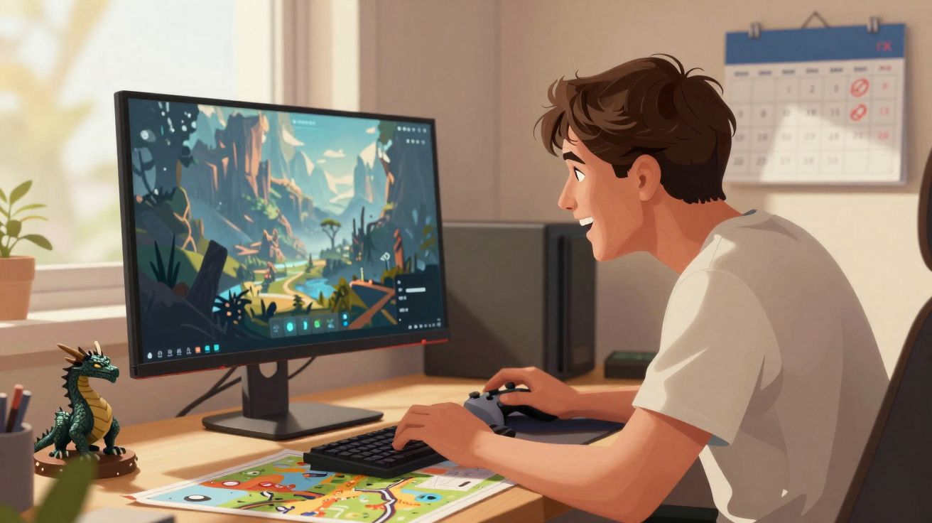 Jovem sorridente jogando videogame no computador em mesa com dragão de brinquedo e calendário ao fundo.