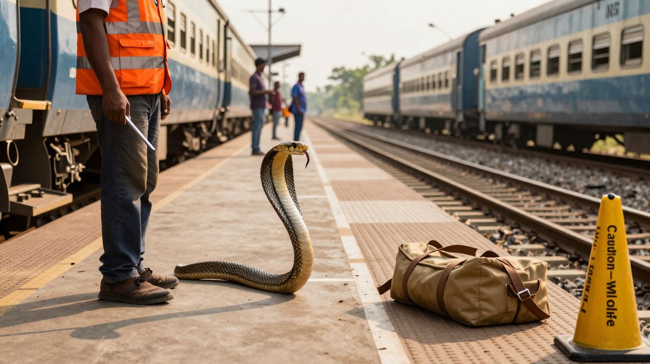 Cobra na plataforma de trem próxima a malas e um homem com colete laranja, com trem ao fundo.