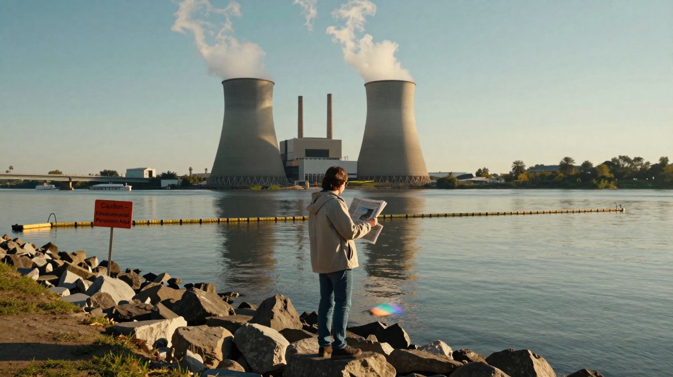 Homem de jaqueta lê jornal à beira de rio com usina nuclear ao fundo e fumaça saindo das torres.