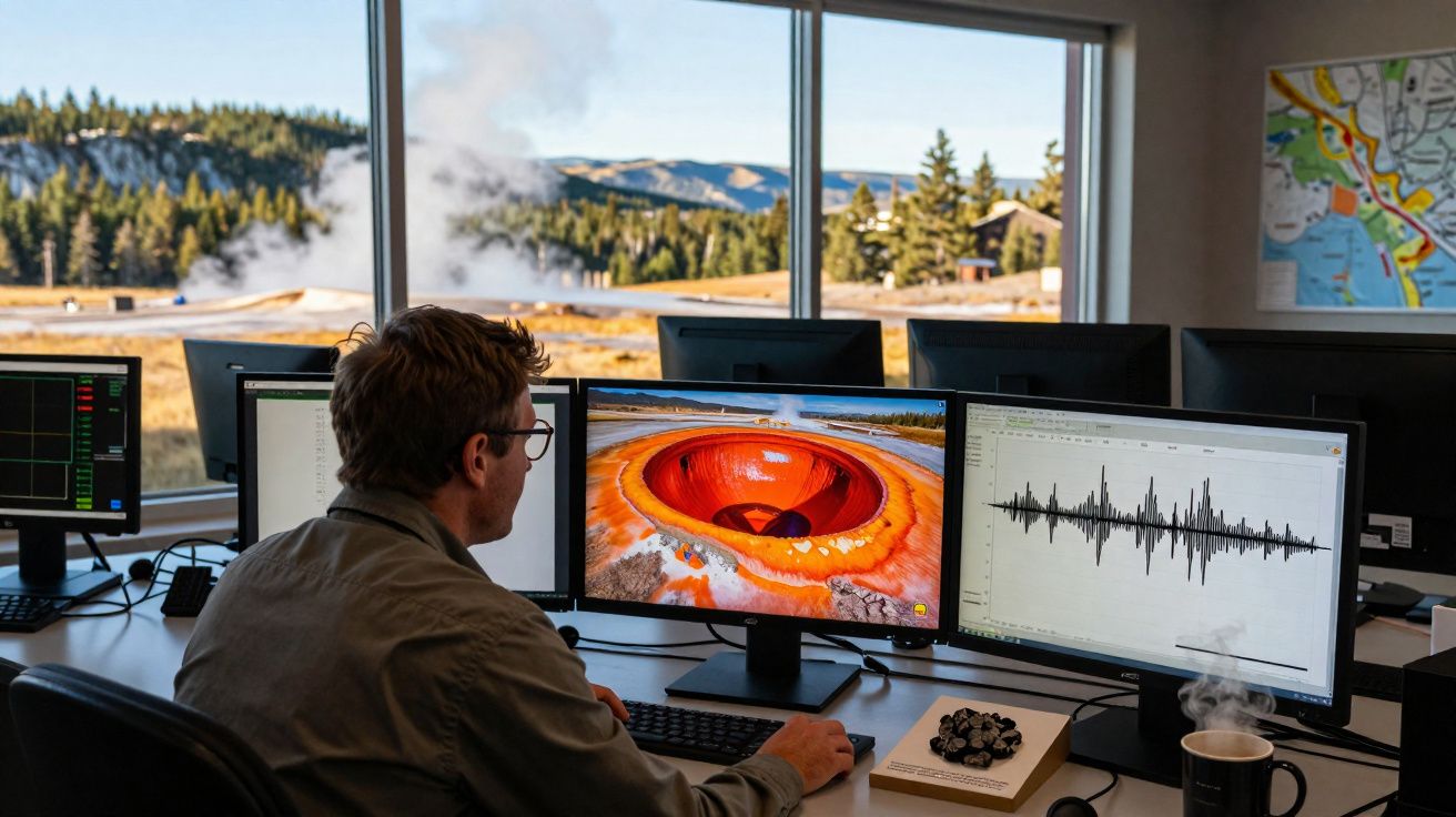 Homem monitora dados geológicos em estação com vista para paisagem de montanhas e gêiser ao fundo.