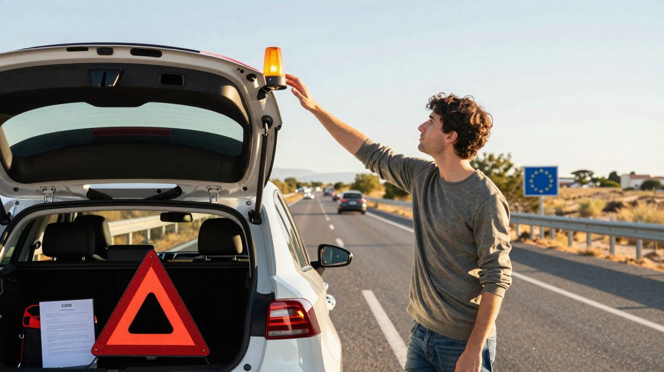 Homem colocanda sinalizador de emergência no teto de carro branco parado em estrada rural.