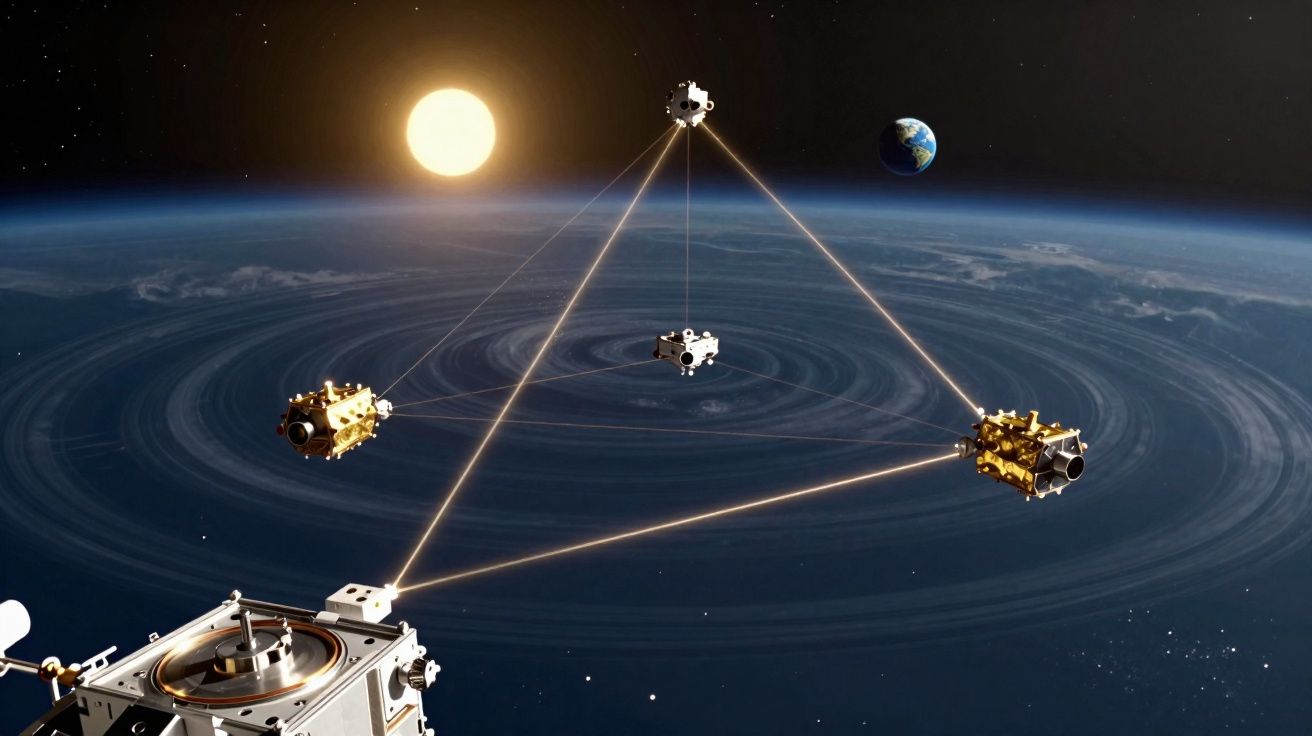 Satélites em formação triangular orbitando a Terra com o Sol ao fundo no espaço sideral.