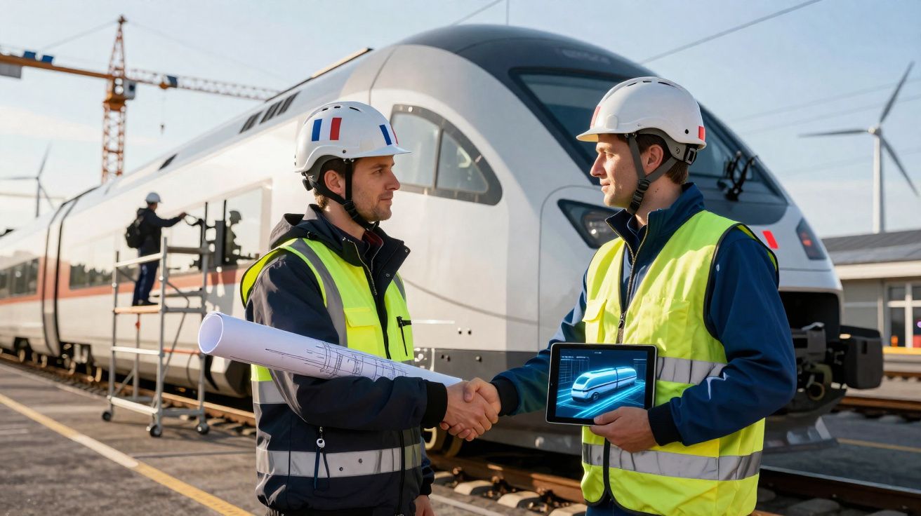 Dois engenheiros de segurança com capacetes e coletes apertam as mãos perto de trem moderno estacionado.