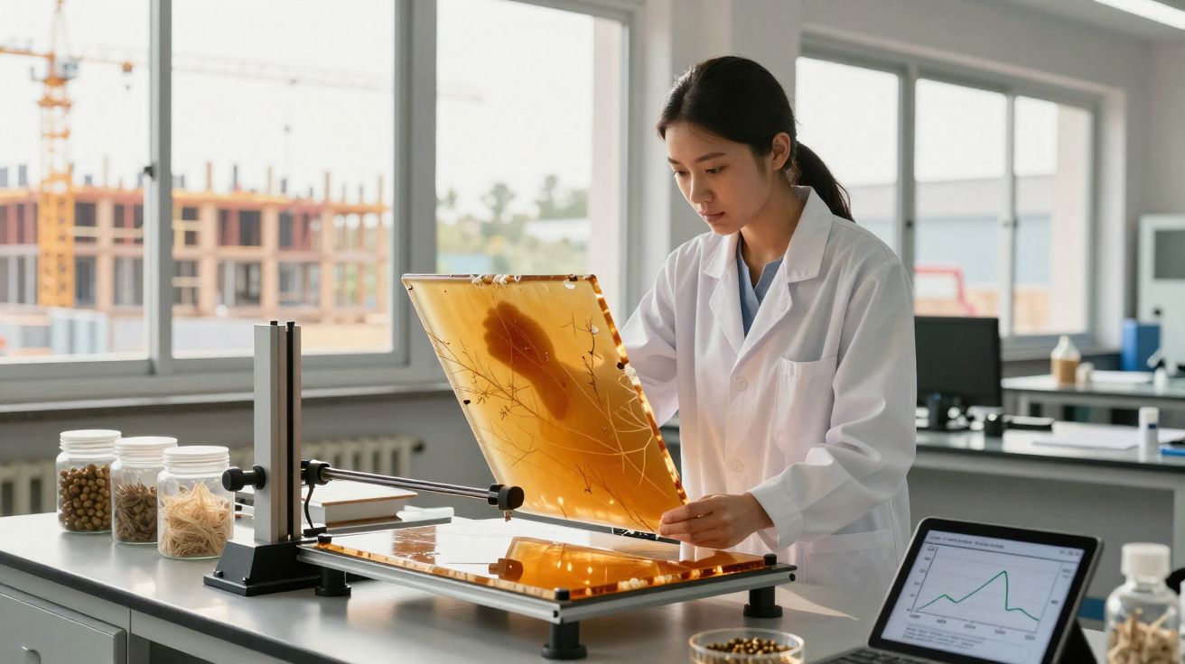 Pesquisadora em jaleco analisa amostra em painel de laboratório com equipamentos e tela com gráfico.