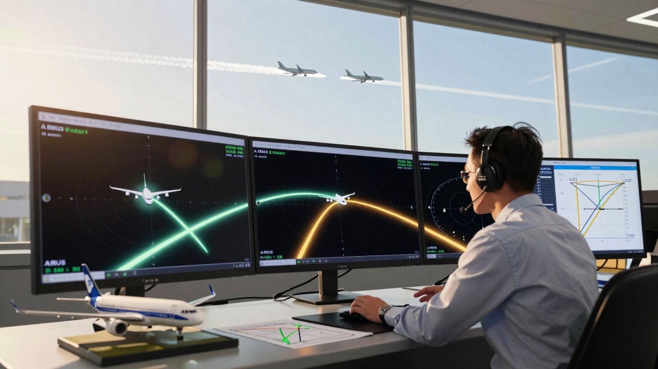 Operador de tráfego aéreo monitora rotas de aviões em três telas com janelas mostrando céu e aeronaves ao fundo.