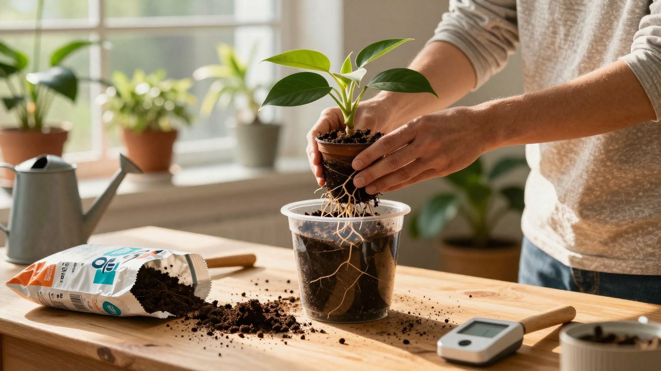 Pessoa transplantando muda de planta em vaso transparente sobre mesa de madeira com terra espalhada.