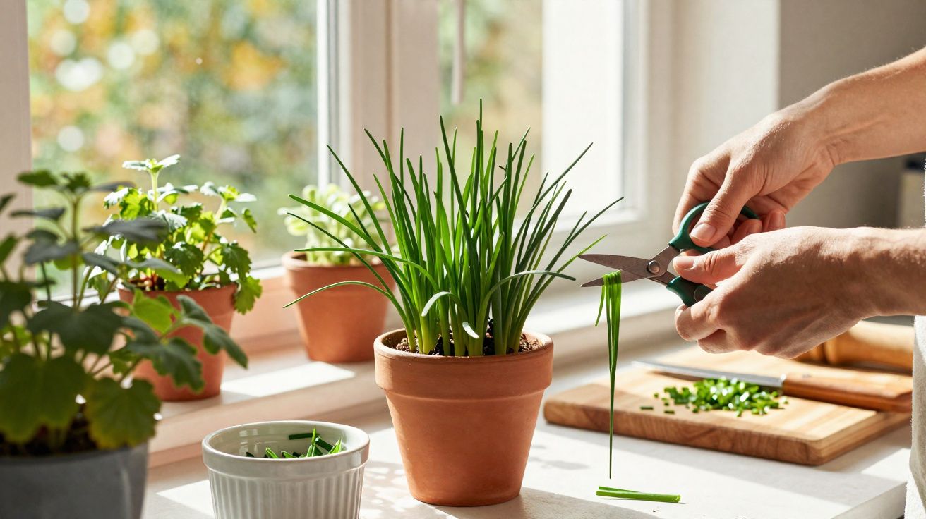 Pessoa cortando cebolinha fresca de vaso em uma cozinha iluminada pelo sol próximo à janela.