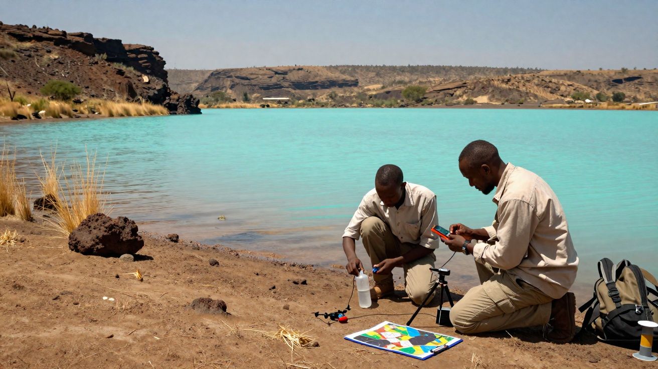 Dois homens analisam amostras de água em lago azul turquesa, em área seca com colinas ao fundo.