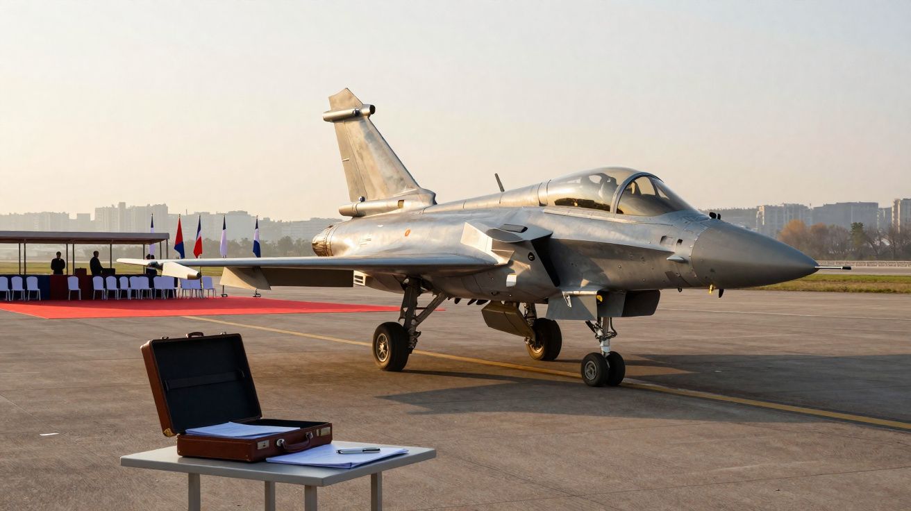 Avião de caça estacionado em pista com maleta e mesa à frente, em cenário de cerimônia oficial.
